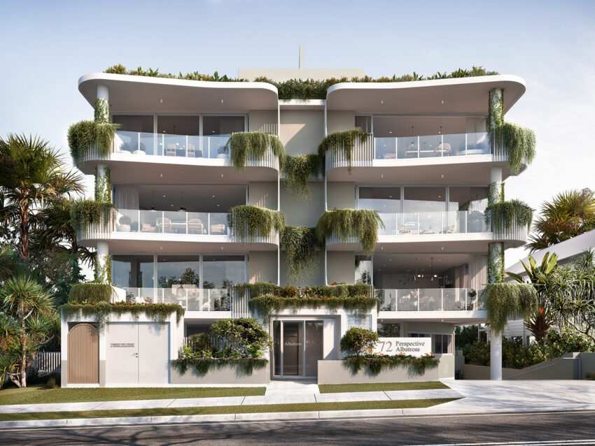 Off the plan apartments | Investment Property Professionals Australia wide Modern four-story apartment building with curved glass balconies and cascading greenery on each level under a clear sky.