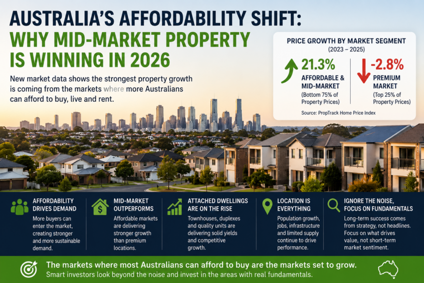Infographic with city skyline and row houses; highlights 21.3% growth in affordable/mid-market vs -2.8% in premium.