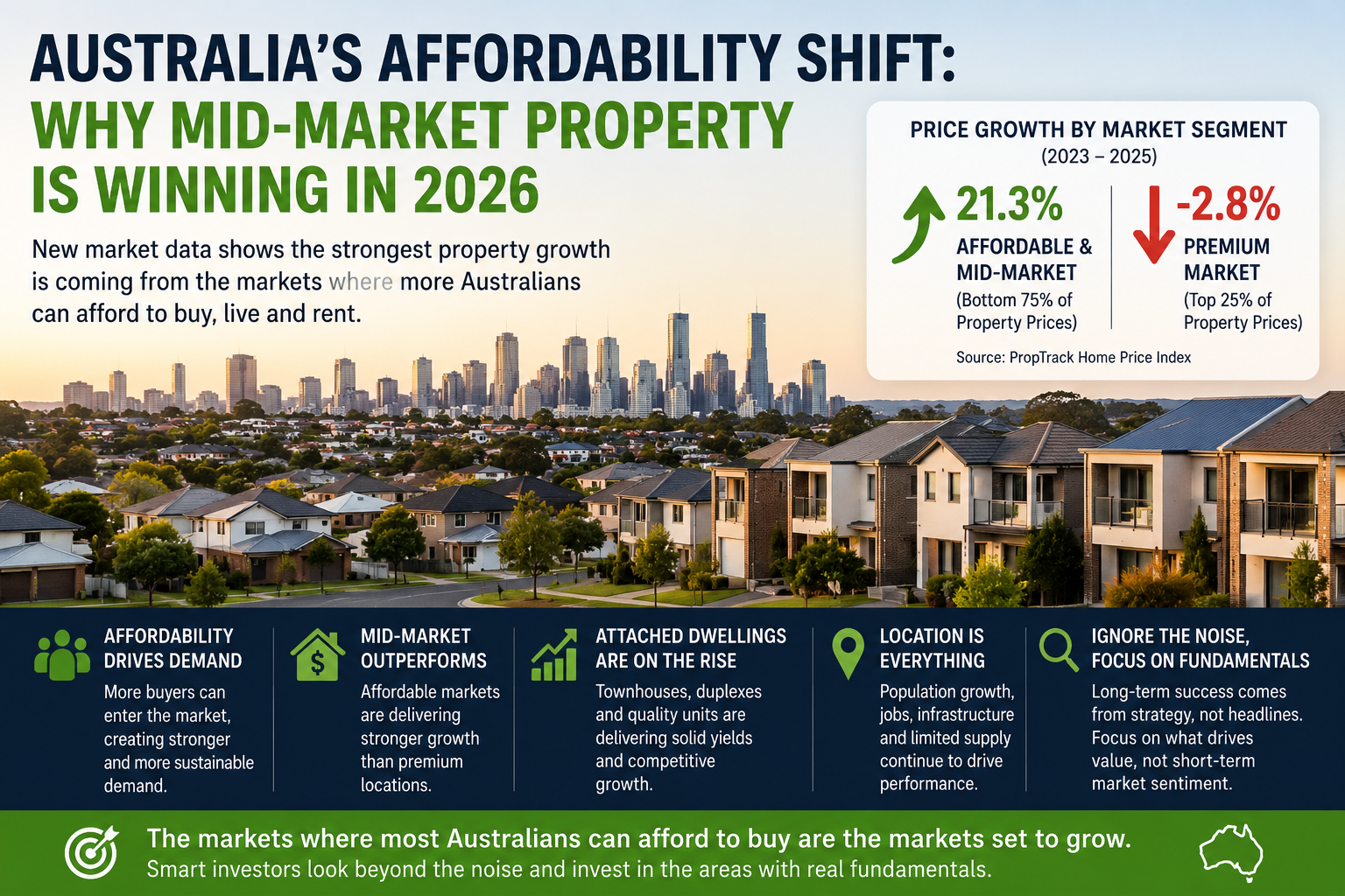 Infographic with city skyline and row houses; highlights 21.3% growth in affordable/mid-market vs -2.8% in premium.