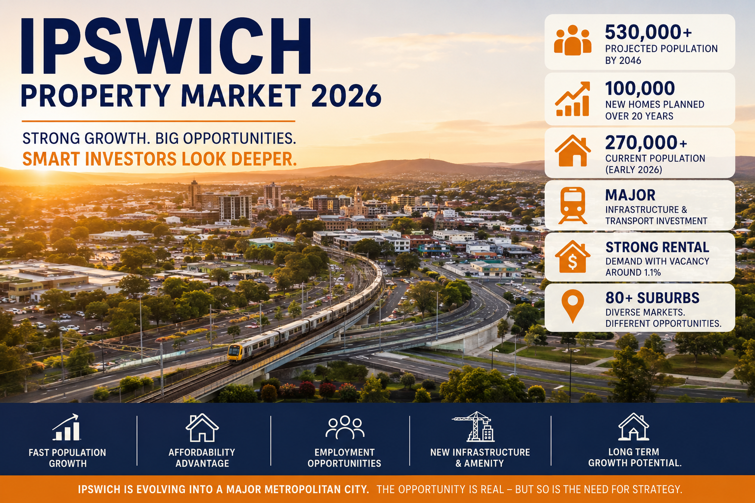 Infographic: Ipswich property market 2026 over a cityscape at sunset with key stats on the right and a dark blue navigation bar at the bottom.