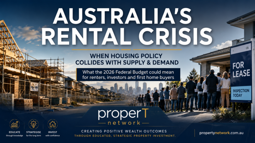 Australias Rental Crisis | Investment Property Professionals Australia wide Banner promoting Australia’s rental crisis report by property network, showing construction sites, a crowd, and'FOR LEASE' sign with city skyline in background
