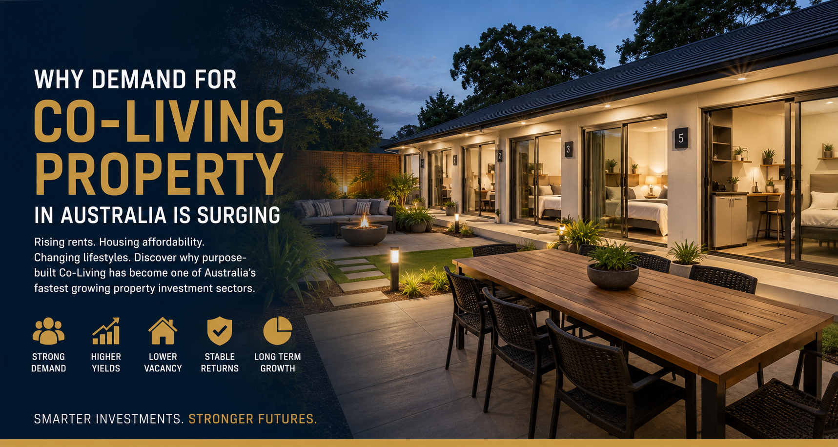Co-living property exterior at dusk with an outdoor dining area and large left-aligned headline about rising co-living demand in Australia.