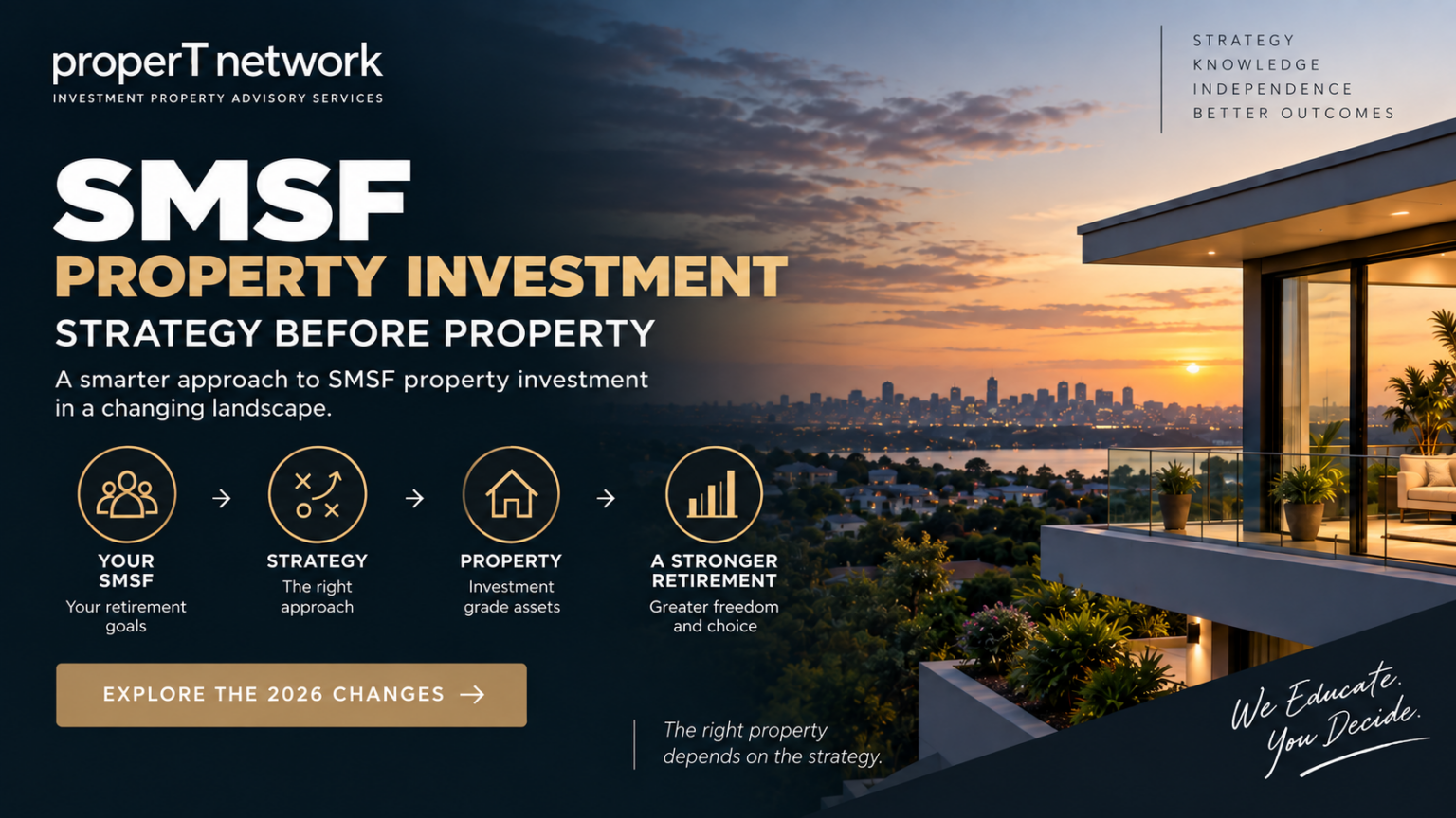SMSF Property Investment: Strategy Before Property. properT network banner showing the path from your SMSF to strategy, investment-grade property and a stronger retirement